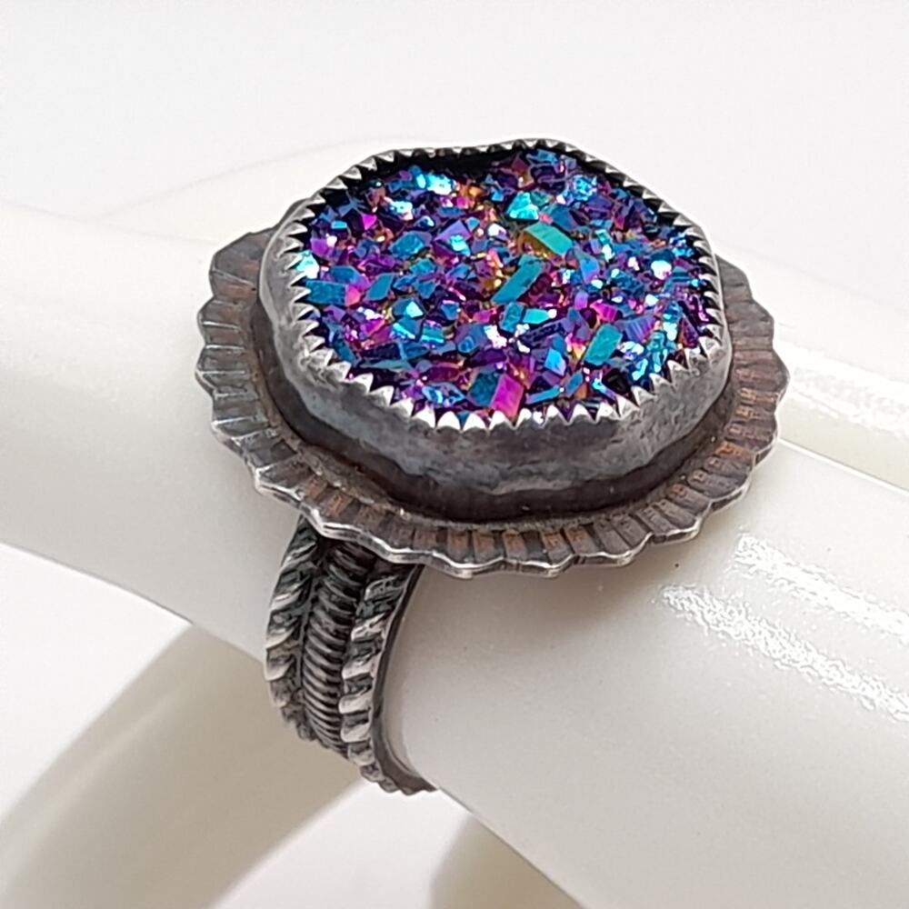 Artisan Sterling Silver Druzy Ring Purple Blue Crystal Size 8 Signed